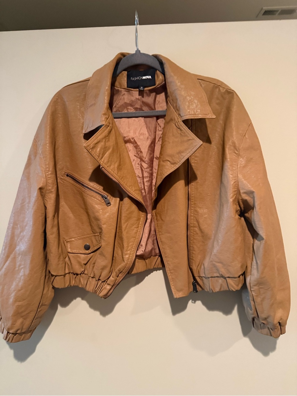 Fashion Nova Cropped Tan Faux Leather Moto Jacket